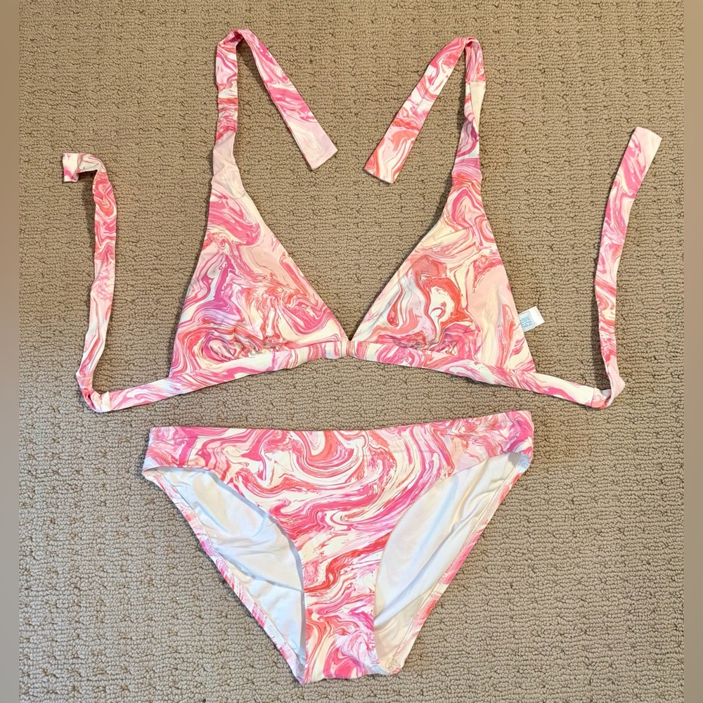 J. McLaughlin Pink Marble Print Triangle Bikini Set, Sz Lge/Med